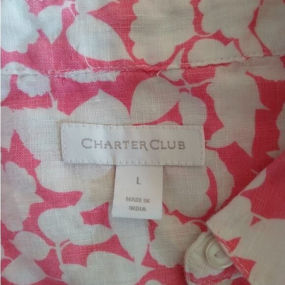 Charter Club 100% Linen Button Up Shirt Coral Pink Floral White Long Sleeve L - Picture 7 of 10
